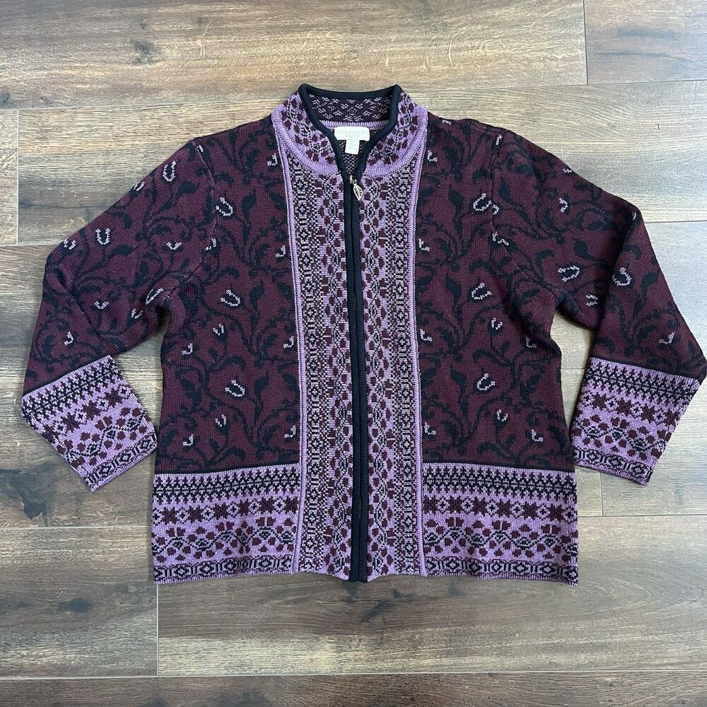 Appleseed's Burgundy & Purple Front Zip Floral Nordic Cardigan Sweater Size 1X